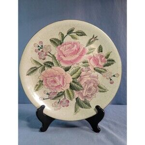 Pink Roses Plate Crackled Vintage Green Leaves Enameled 10.25''D Decorative